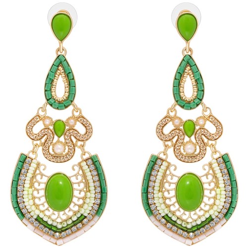 Boucles d'oreilles SENZA Green Gold Pendantes longues ajourées Tzigane Doré et Vert Laiton doré à l'or fin Cristal