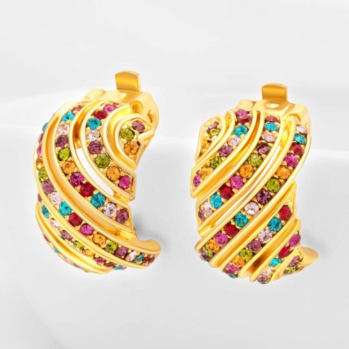 Boucles d'oreilles REBEKA Color Gold Clips puces Arabesques Doré et Multicolore Laiton doré à l'or fin Cristal