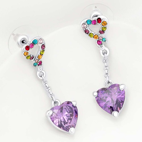 Boucles d'oreilles HEARTFOR Mauve Amethyst Color Silver Pendantes pavées Cœur Argent et Multicolore Rhodium Cristaux sertis