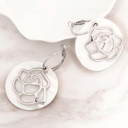 Boucles d'oreilles ROSACARA White Silver Créoles à pendentif Rose ajourée Argent et Blanc Rhodium Nacre naturelle