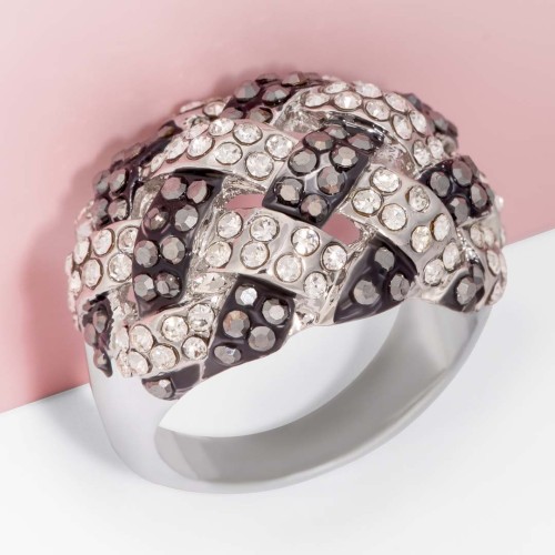 Bague TRESSEA Grey White Silver Cocktail Pavé Panier tressé Argent et Gris Blanc Rhodium Cristal