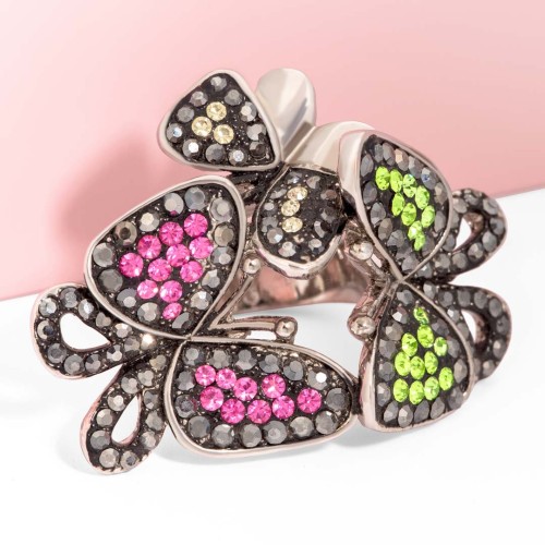 Bague BUTTERFLIES Apple Green & Pink Silver Cocktail Pavé Papillons Argent et Vert Rose Rhodium Cristal