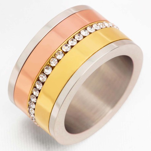 Bague MUSCARI STEEL All Gold Trois ors Argent Doré Rosé Acier inoxydable doré à l'or fin rose et jaune Cristal