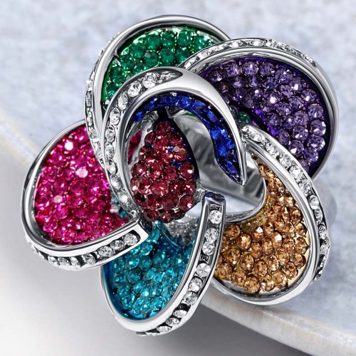 Bague FLOWER DIMENSIONS Color Silver Cocktail pavé Fleur Argent et Multicolore Rhodium Cristal autrichien