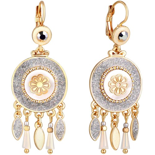 Boucles d'oreilles MELIS Gold & Silver Pendantes à pendentif Floral Doré et Argent Rhodium Cristal et Nacre naturelle