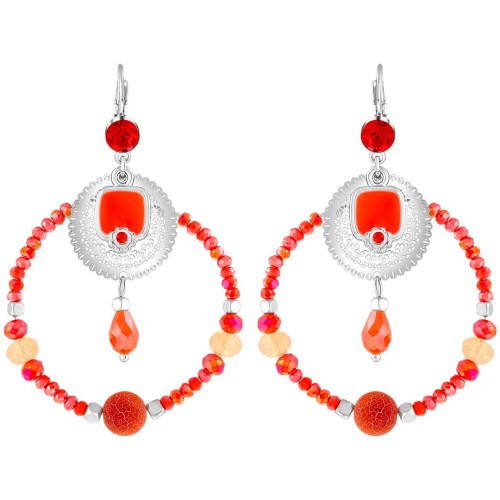 Boucles d'oreilles TOTELIA SUMMER Red Coral Silver Pendantes ajourées Argent et Rouge Corail Rhodium Cristal et Pierres de roche