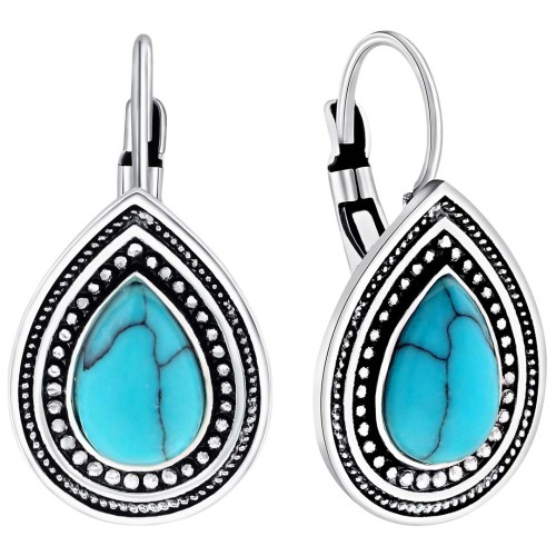 Boucles d'oreilles OKAOS Turquoise Silver Dormeuses courtes Rhodium Pierre semi-précieuse Argent et Turquoise reconstituée