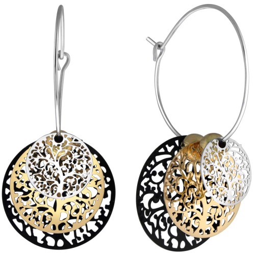 Boucles d'oreilles NATURA HORIZON Black Gold & Silver Créoles pendantes ajourée Arbre de vie filigrane articulé Argent Doré Noir