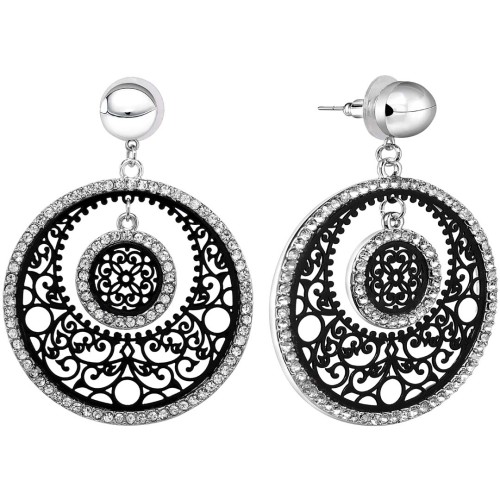 Boucles d'oreilles PALAMO EVOLUTION Black Silver Pendantes ajourées Baroque ou romantique Argent et Noir Rhodium Cristal