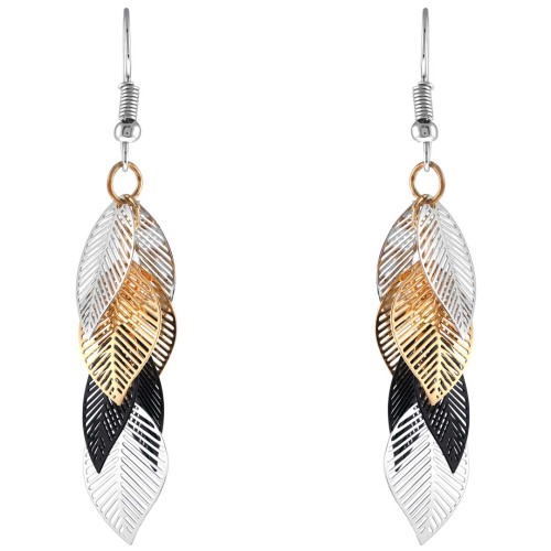 Boucles d'oreilles SAVIANOR Black Gold & Silver Pendantes ajourées Feuilles filigranes Argent Doré Noir Rhodium