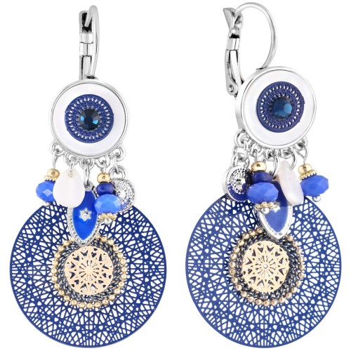 Boucles d'oreilles DJOVITA Blue Gold & Silver Pendantes ajourées Braoque romantique Argent Doré et Bleu Cristal Nacre naturelle