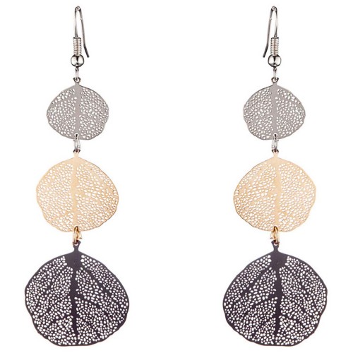 Boucles d'oreilles SOUANA Black Gold & Silver Pendantes ajourées Feuilles filigranes Argent Doré Noir Rhodium