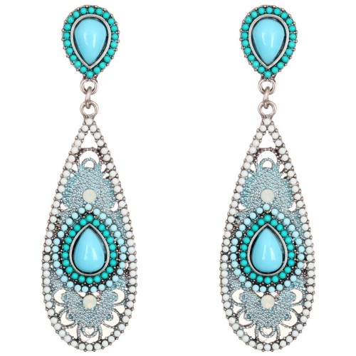 Boucles d'oreilles YUMAE Turquoise Silver Pendantes pavées ajourées Argent et Turquoise Rhodium