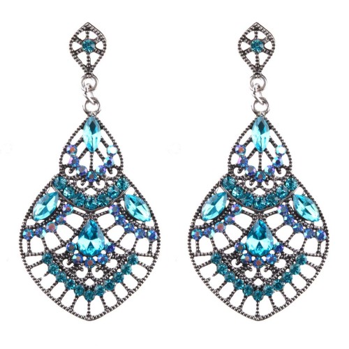 Boucles d'oreilles RADUCIU Turquoise Silver Pendantes pavées ajourées Argent et Turquoise Rhodium Cristal