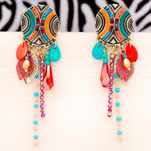 Boucles d'oreilles AYUTIS Color Gold Pendantes à pendentif Ethnique Doré et Multicolore Doré à l'or fin Cristal