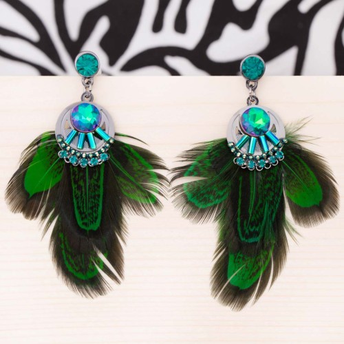 Boucles d'oreilles ROJARES CRYSTAL EDITION Green Emerald Silver Pendantes pavées Argent et Vert émeraude Rhodium Cristal Plumes