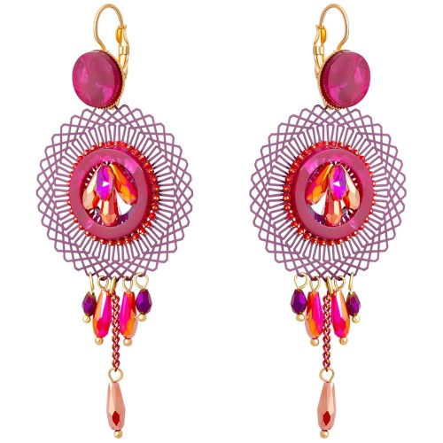 Boucles d'oreilles PRUNELLA CEREZA Cherry Pink Gold Pendantes ajourées Filigrane Doré et Rose Framboise Rhodium Cristal Résines