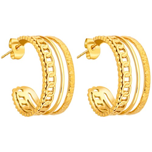 Boucles d'oreilles GORMETAS Gold Créoles ajourées Accumulation de mailles gourmettes Doré Acier inoxydable doré à l'or fin