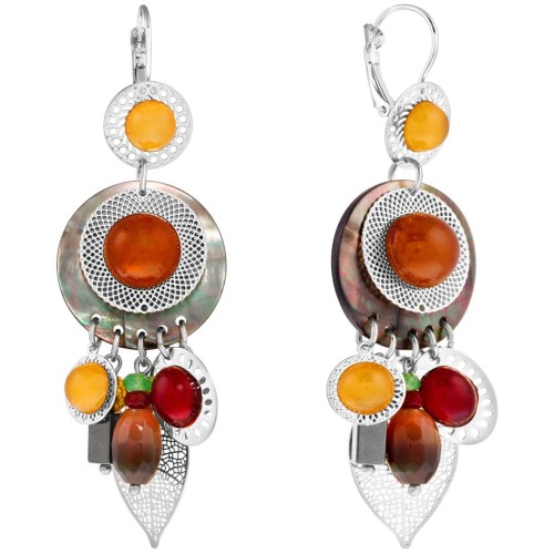 Boucles d'oreilles TALLULAH Color Silver Pendantes ajourées à pendentifs Filigranes Argent Multicolore Résines Nacre naturelle