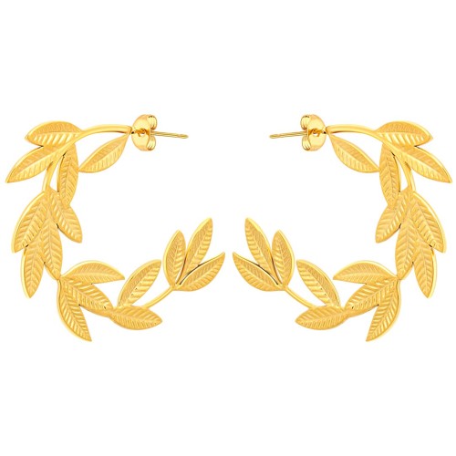 Boucles d'oreilles NATULEZA STEEL Gold Créoles plates Feuillage Doré Acier inoxydable doré à l'or fin