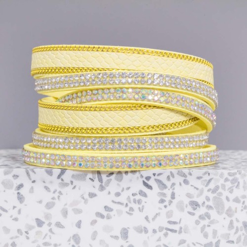 Bracelet BOA Yellow Silver Double Tour Multirangs Imprimé serpent Argent et Jaune Citron Rhodium et Simili-Cuir Cristal