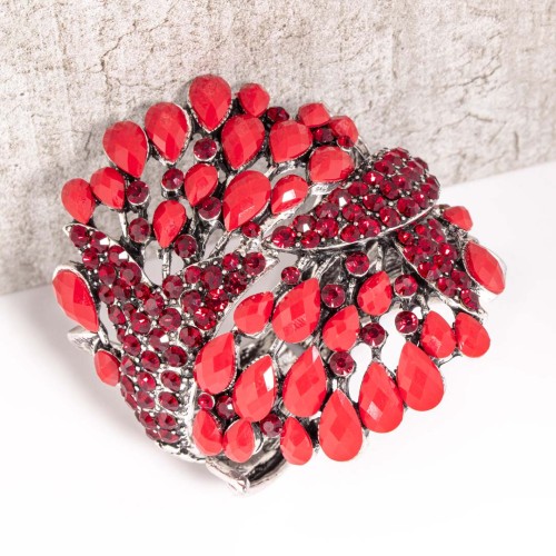 Bracelet ZAPATA Red Silver Manchette rigide ajourée Ailes de paon Argent et Rouge Rhodium Cristal et Résines