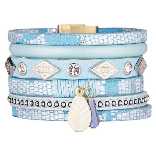 Bracelet OZONAS Sky Blue Gold Manchette souple Multirangs Floral Doré et Bleu ciel Simili-Cuir Cristaux sertis Clous Nacre