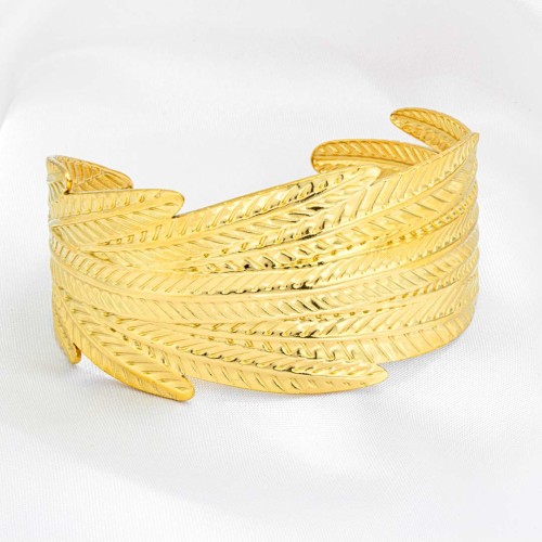 Bracelet SAGOA LEAF STEEL Gold Manchette réglable flexible rigide ajourée Feuille Doré Acier inoxydable doré à l'or fin