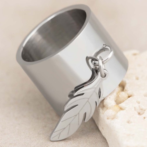 Bague FEATHER Silver Bague à pampille rigide Plume Argent Acier inoxydable