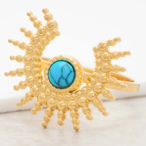 Bague SUNSTICE Blue Gold Cabochon réglable flexible Solaire Doré et Bleu Acier inoxydable doré à l'or fin Pierre Turquoise