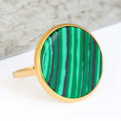 Bague PRECIOTA Emerald Green Gold Cabochon serti Pierre sertie Doré et Vert Acier inoxydable doré à l'or fin Pierre Malachite