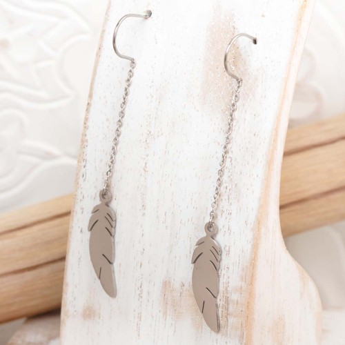 Boucles d'oreilles ANGEL Silver Pendantes longues Plumes Argent Acier inoxydable