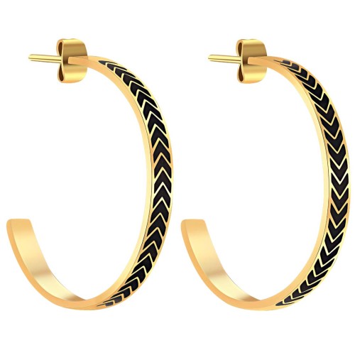 Boucles d'oreilles LIAM Black Gold Créoles plates Ethnique amérindien Doré et Noir Acier inoxydable doré à l'or fin émaux