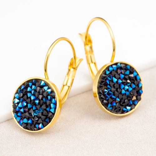 Boucles d'oreilles LIPSO Night Blue Gold Dormeuses pavées Rivière de cristal Doré et Bleu Nuit Acier inoxydable doré à l'or fin