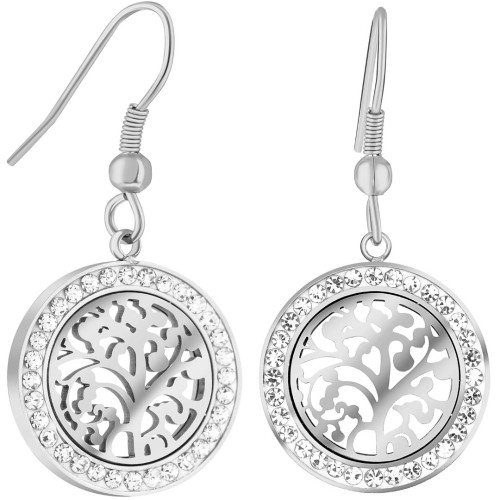 Boucles d'oreilles VIDA White Silver Pendantes courtes Arbre de vie filigrane Argent et Blanc Acier inoxydable Cristal