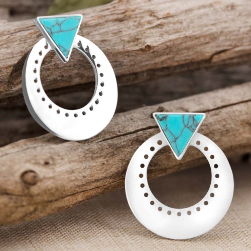 Boucles d'oreilles UZAGUE Blue Silver Pendantes courtes Geométrique Argent et Bleu Turquoise Acier inoxydable Pierre Turquoise