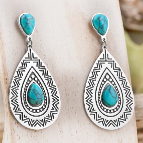 Boucles d'oreilles FRANCESCA Blue Silver Pendantes mi-longues Ethnique Argent et Bleu Acier inoxydable Pierre Turquoise