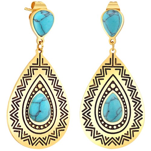 Boucles d'oreilles FRANCESCA Blue Gold Pendantes mi-longues Ethnique Doré Bleu Acier inoxydable doré à l'or fin Pierre Turquoise