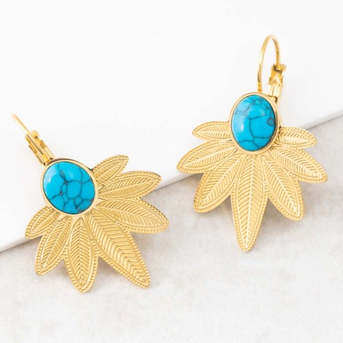 Boucles d'oreilles NATULIS Blue Gold Dormeuses courtes Feuillage Doré et Bleu Acier inoxydable doré à l'or fin Pierre Turquoise