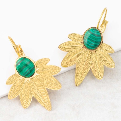 Boucles d'oreilles NATULIS Emerald Green Gold Dormeuses courtes Feuillage Doré et Vert Acier inoxydable Pierre Malachite