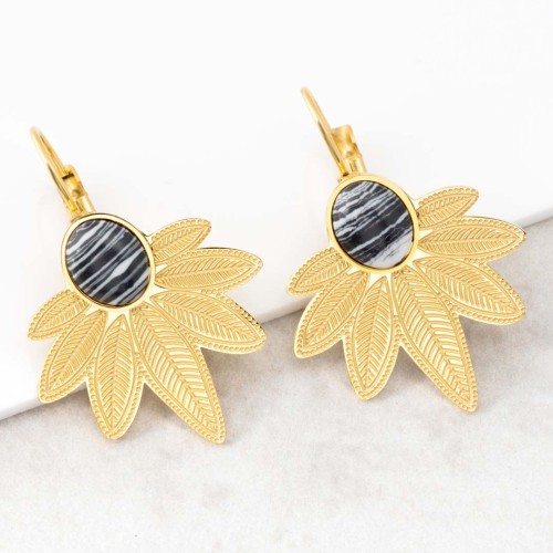 Boucles d'oreilles NATULIS Black Gold Dormeuses courtes Feuillage Doré et Noir Acier inoxydable doré à l'or fin Pierre Jaspe