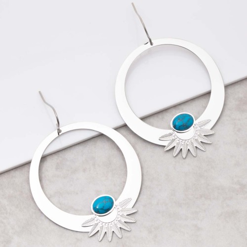 Boucles d'oreilles EKISOR Blue Silver Pendantes longues Couronne de feuilles Argent et Bleu Acier inoxydable Pierre Turquoise