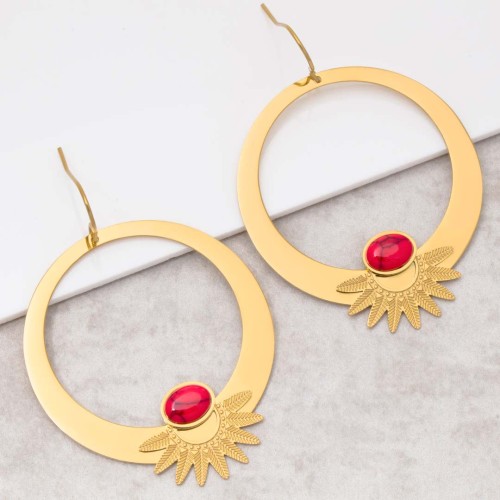 Boucles d'oreilles EKISOR Red Gold Pendantes longues Couronne de feuilles Doré et Rouge Acier inoxydable Pierre Jaspe