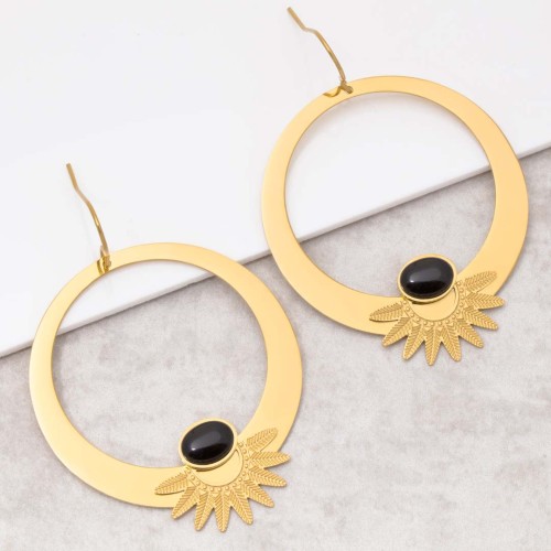 Boucles d'oreilles EKISOR Black Gold Pendantes longues Couronne de feuilles Doré et Noir Acier inoxydable Pierre Onyx