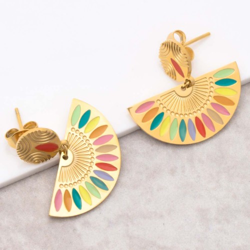 Boucles d'oreilles GYPTOS Color Gold Pendantes courtes éventail ethnique Doré Multicolore Acier inoxydable doré à l'or fin émaux