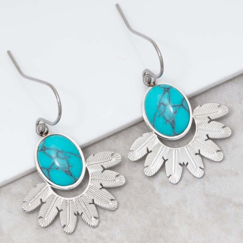 Boucles d'oreilles PANAMA Blue Silver Pendantes courtes Couronne de feuilles Argent et Bleu Acier inoxydable Pierre Turquoise