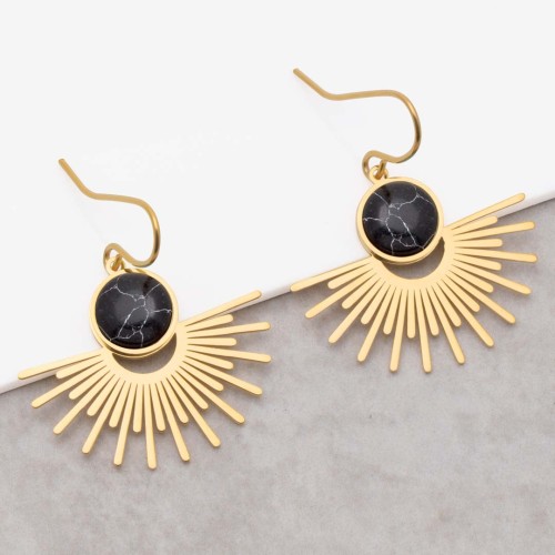 Boucles d'oreilles EKIS Black Gold Pendantes courtes Solaire Doré et Noir Acier inoxydable doré à l'or fin Pierre Howlite noire