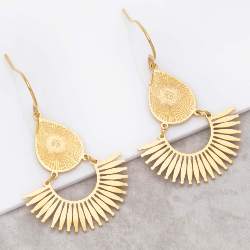 Boucles d'oreilles LOUXANE Gold Pendantes mi-longues ajourées Ethnique Doré Acier inoxydable doré à l'or fin