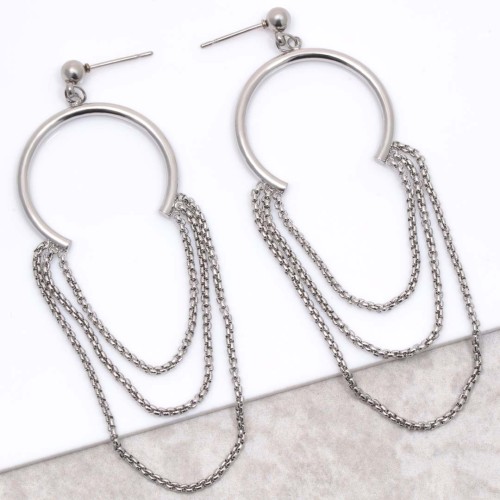 Boucles d'oreilles CAROLINA Silver Pendantes longues ajourées Chainettes Argent Acier inoxydable