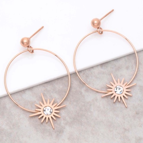 Boucles d'oreilles STELLA White & Rose Gold Pendantes ajourées Symbole stellaire Acier inoxydable doré à l'or fin rosé Cristal